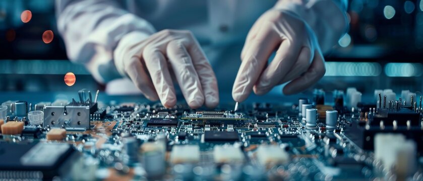A worker in a high-tech factory assembles electronic printed circuit boards using surface mount technology using a pick and place machine.