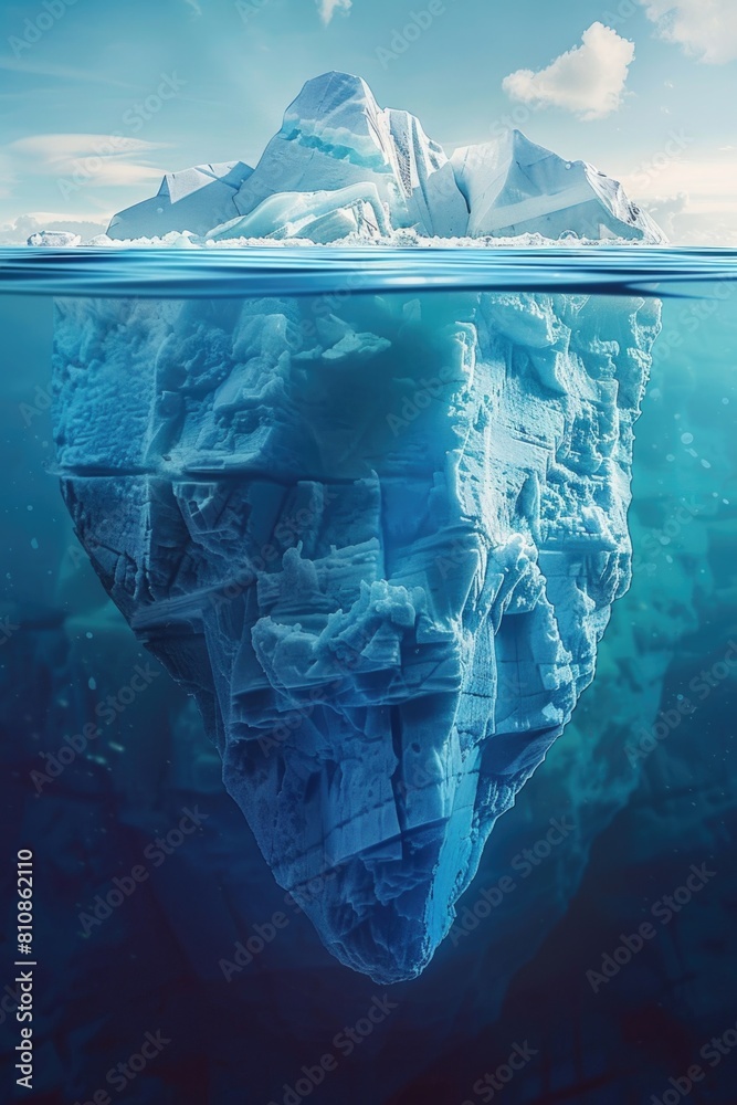 Poster A serene image of an iceberg floating in the ocean with a majestic mountain in the background. Perfect for nature and travel designs