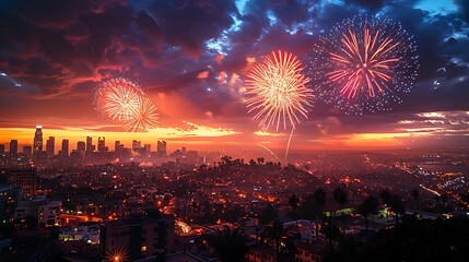 Experience the excitement of a vibrant cityscape lit up with dazzling fireworks.