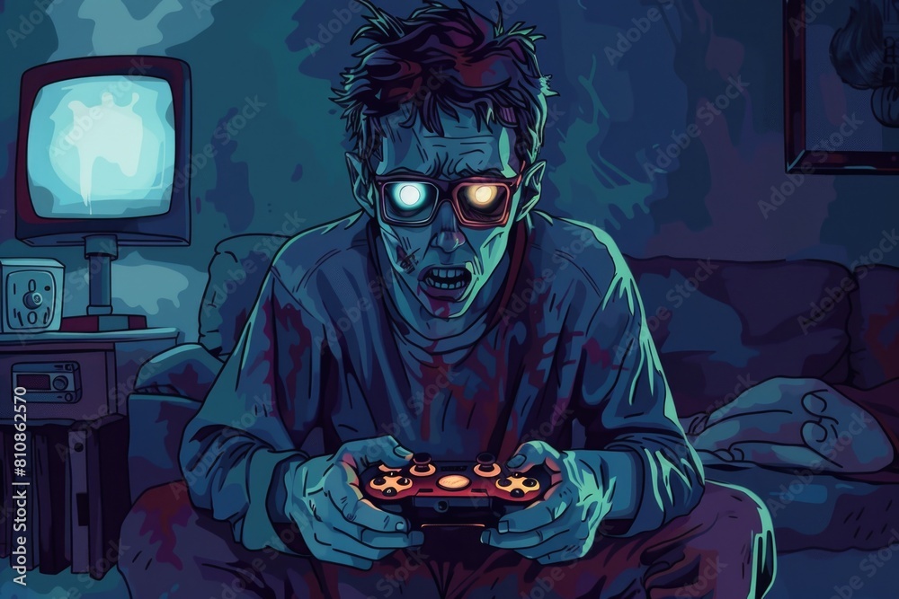 Poster a man sitting on a couch playing a video game. suitable for gaming or leisure concepts
