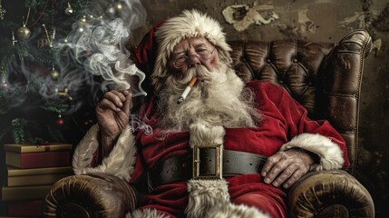 A man in a Santa suit smoking a cigarette. Suitable for Christmas themes
