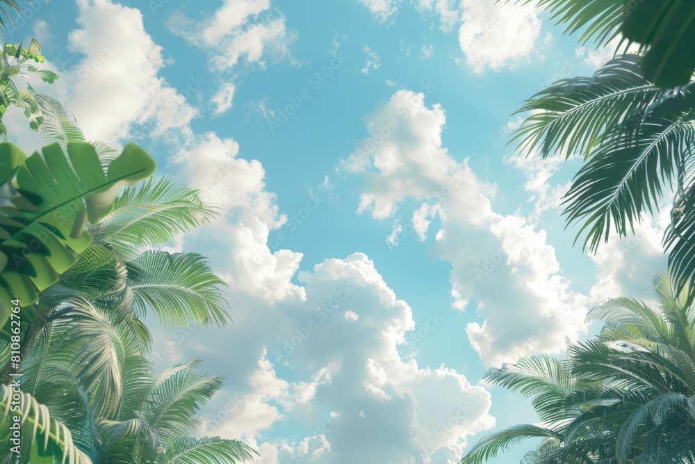 Poster A group of palm trees with a blue sky background. Ideal for travel and nature concepts