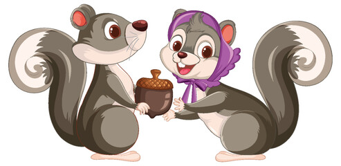 Obraz premium Two cartoon squirrels exchanging a large acorn