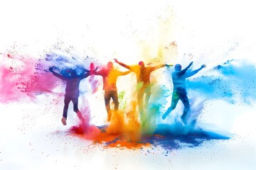Vibrant Holi Powder Color Explosion with Silhouetted Figures Leaping for Joy
