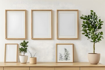 Wooden Picture Frames Hanging on White Wall with Potted Plant Decor in Modern Minimalist Style