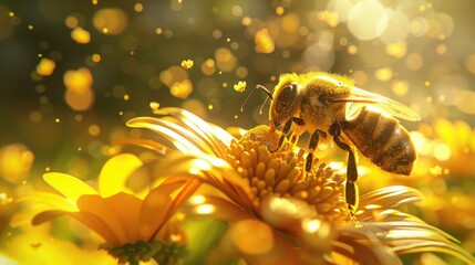 A bee on a yellow flower under the sun. Suitable for nature and wildlife themes - Powered by Adobe