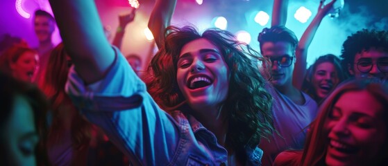 The Club Party: Diverse group of friends have fun, jump, dance, socialize, and party. Elegant young people clubbing under neon lights.
