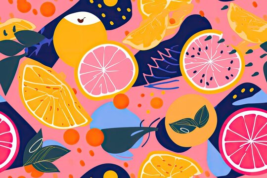 Seamless pattern with vibrant 1980s American and world fashion designs, lots of colorful fruits and leaves, ideal for fabric prints or wallpaper, the essence of the era's bold and eclectic style
