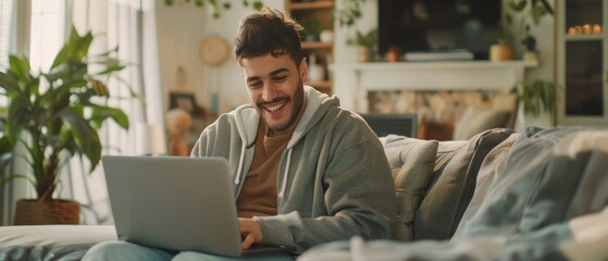 Obraz premium Happy Hispanic Man Uses Laptop Computer in a Cozy Living Room, Observing and Laughing at Content.