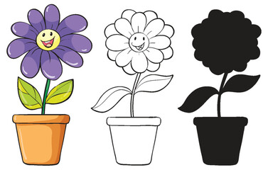 Three flowers in pots, colorful and silhouettes