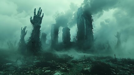 Immerse yourself in a dystopian landscape where zombie hands rise from a battlefield, shrouded in dense, chilling fog.
