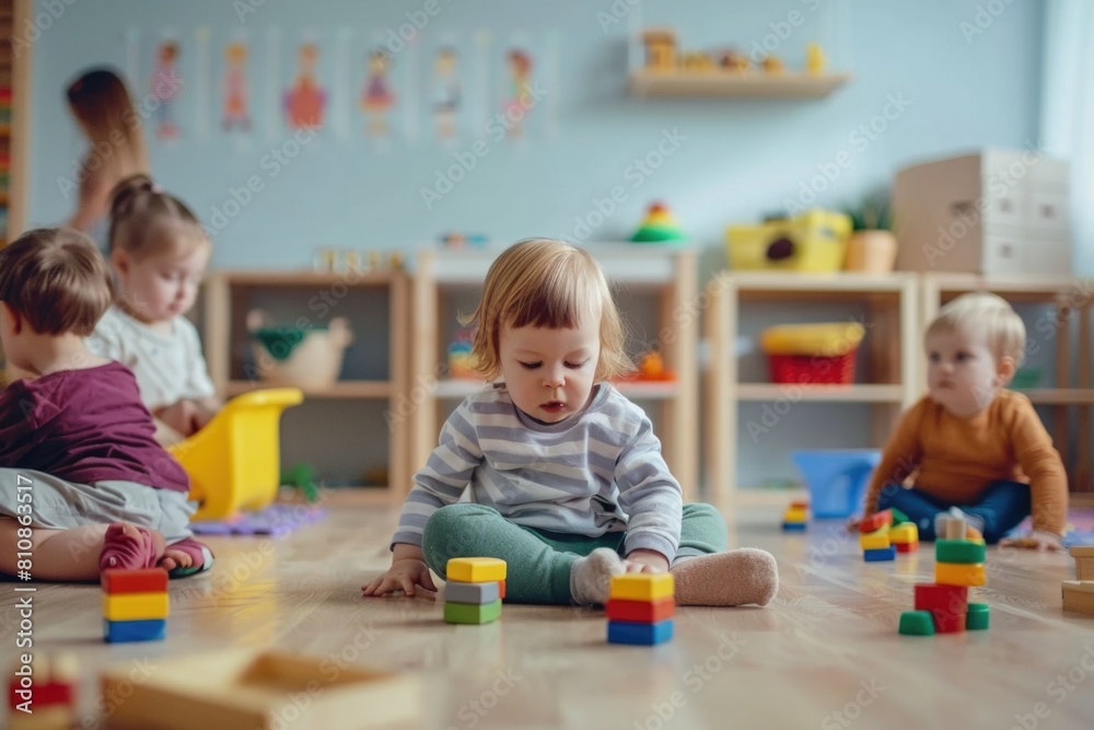 Poster Group of children sitting on floor playing with colorful blocks. Ideal for educational and child development concepts