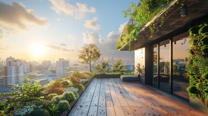 A rooftop adorned with greenery, part of an eco-friendly building designed to maximize energy...