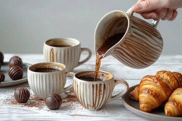 A person is pouring coffee into three cups, one of which is a pitcher