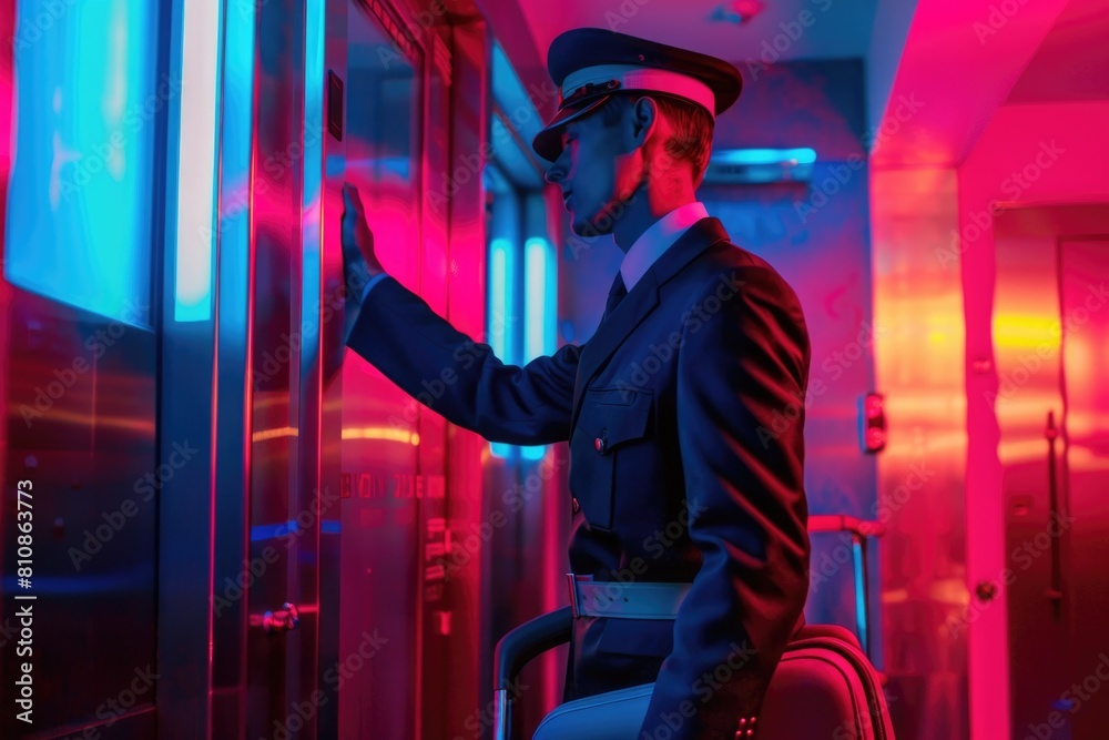Poster a man in professional attire standing in front of a glass door. suitable for business concepts