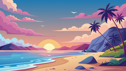 A beautiful beach scene with a sunset in the background. The sky is filled with clouds and the sun is setting, creating a warm and peaceful atmosphere. The beach is lined with palm trees