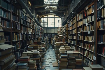 Obraz premium Expansive Array of Well Thumbed Books in Scholarly Library