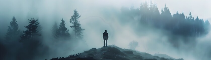 Solitary Traveler Embraced by the Misty Veil of a Mysterious Forest Landscape