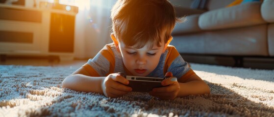 Playing video games on his smartphone while lying on the carpet in a sunny living room. It is a bright day and he is having fun playing games.