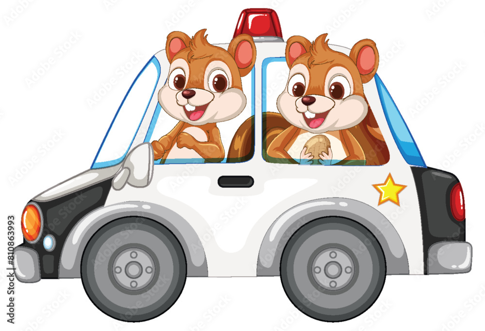 Canvas Prints Two cartoon squirrels enjoying a ride in a car