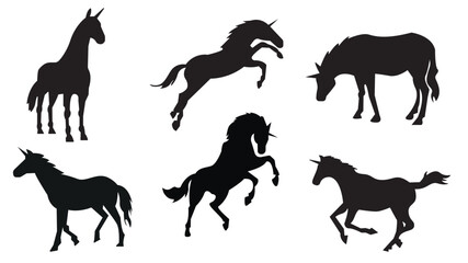 unicorn horses black vector silhouette set