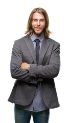 Young handsome business man with long hair over isolated background happy face smiling with crossed arms looking at the camera. Positive person.