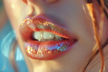 Ultra-detailed close-up of a woman's lips glistening with colorful, glittery lipstick