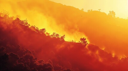 Fiery Wildfire Consuming Forest at Sunset