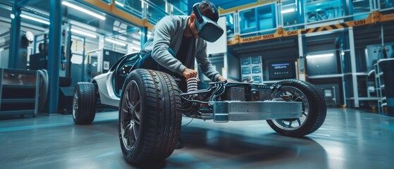 Obraz premium Working on an electric car chassis platform, while wearing an Augmented Reality headset in an innovation laboratory facility. The frame includes wheels, suspension, engine, and battery.