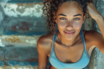 A sun-kissed woman in sportswear sharing her bright smile, with rustic background lending an adventurous vibe