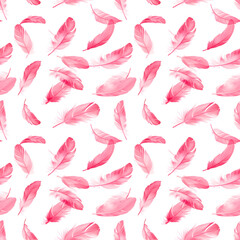 Fototapeta premium Seamless pattern of flying pink feathers on a white background.