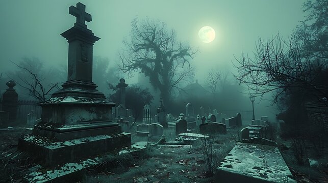 Moonlit cemetery featuring ancient gravestones and eerie statues shrouded in fog.