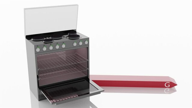 Filmato. Illustrazione 3D. Elettrodomestici: Fornelli, cucina con affiancato simbolo di Risparmio energetico. Classificazione efficienza.