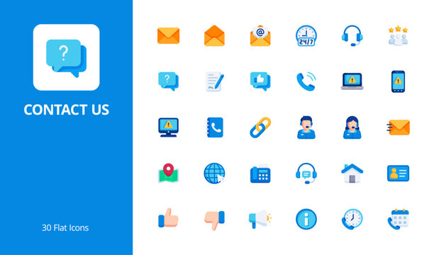 Contact Us Icon Set with flat style. A versatile collection perfect for UI, infographics, or social media content related to customer service, contact us, or communication.