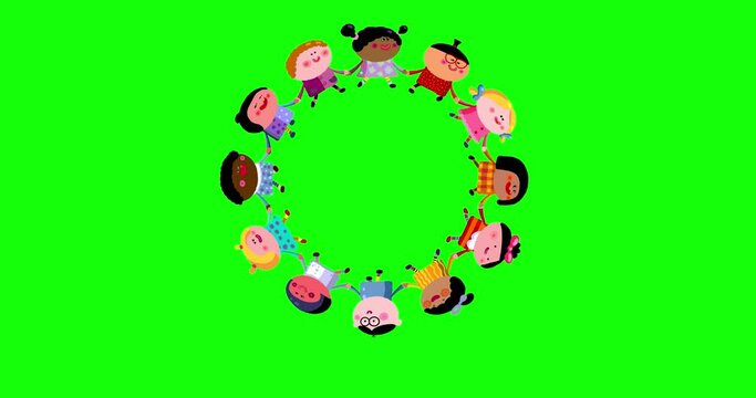 Children of different nations dancing regular circle greenbox. Different skin color. Happy in a circle holding their hands on green screen background. World Universal Children day or Earth Day. 
