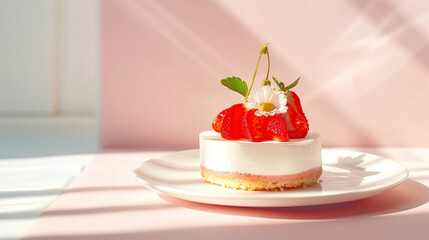 Single slice of strawberry shortcake on a white plate. Generative AI