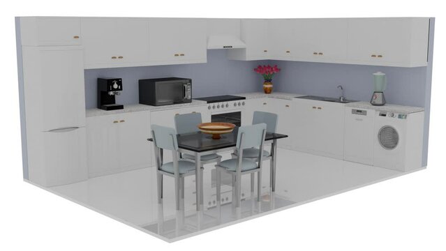 Filmato; Illustrazione 3D. Cucina componibile vista in 3D completa di elettrodomestici . La cucina si compone a partire da zero realizzando un progetto di arredamento. Elettrodomestici e mobiletti.