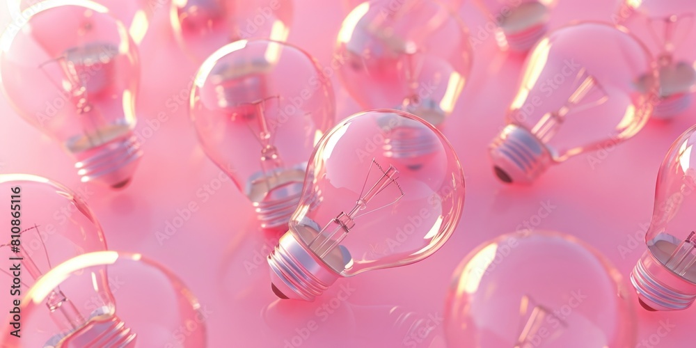 Poster a bunch of light bulbs on a pink surface. ideal for concepts of creativity and innovation