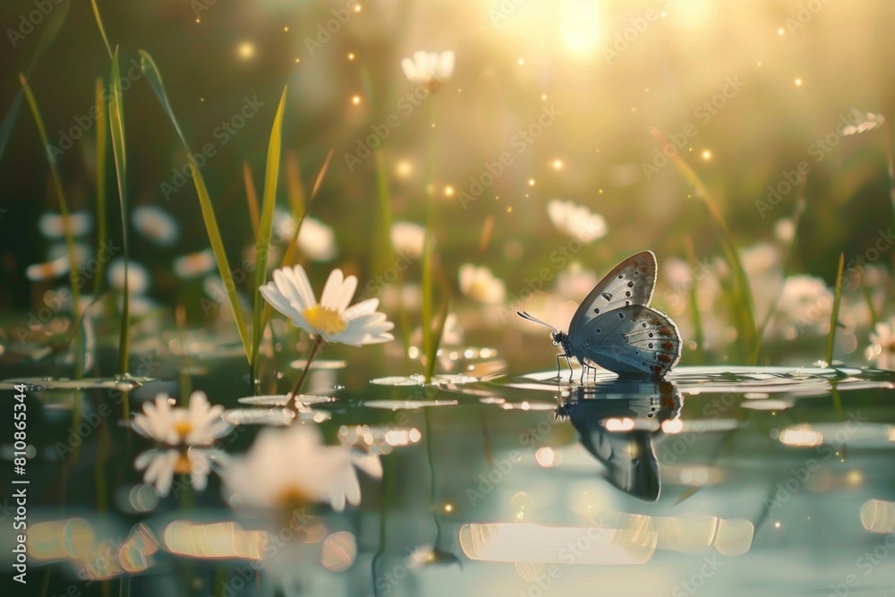 Poster a butterfly resting on the surface of a body of water. suitable for nature and wildlife concepts