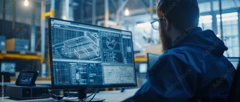 Poster an engineer working with cad software on a desktop computer, the screen shows technical drafts and d
