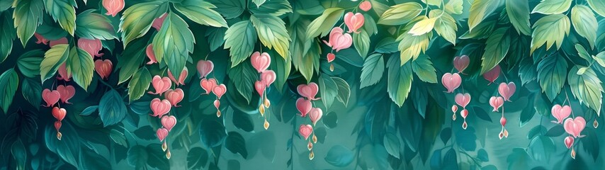 With a watercolor touch, Bleeding Heart Vine wallpaper showcases cascades of green heart-shaped leaves, accentuated by romantic pink and white blooms. 