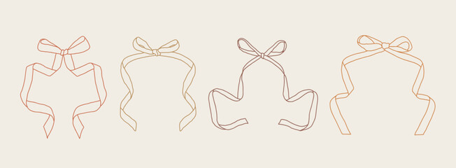 Set of various Bow knots, tie ups, gift bows. Hand drawn Vector illustration. Isolated outline design elements. Wedding celebration, holiday, party decoration, gift, frame, border, present concept