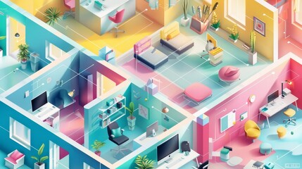 Isometric landing page for a coworking office. There are rooms for relaxation, planning, designing, and team communication. Workplace with people working together, freelance, 3D modern line art, web