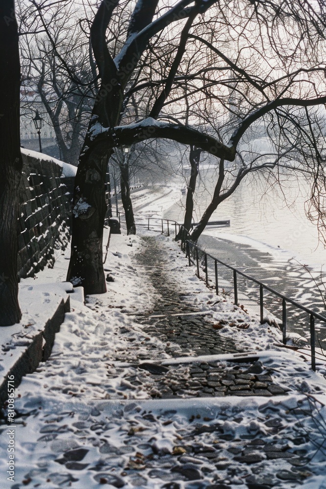 Poster a serene winter scene with a snowy path leading to a body of water. suitable for various nature-them