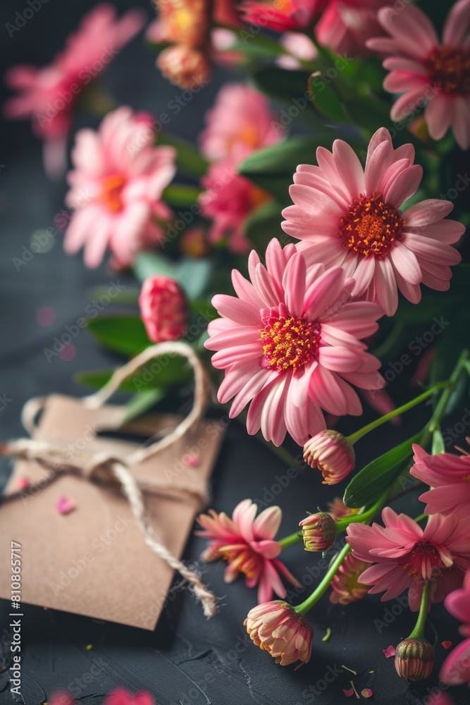 Poster pink flowers with a tag on a table, suitable for various occasions