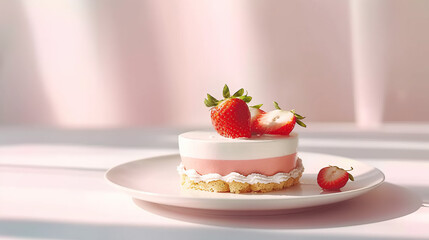 Single slice of strawberry shortcake on a white plate. Generative AI