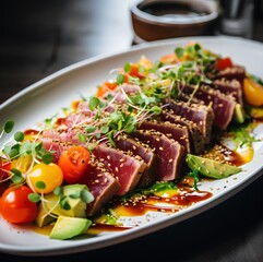 Tuna tataki, Japanese dish made from seared tuna, served sliced and seared on the outside