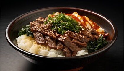 Fototapeta premium Beef Donburi, Japanese rice bowl dish topped with savory sliced beef and vegetables, cinematic food