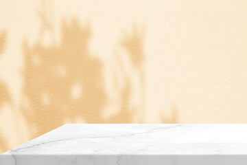 Minimal White Marble Table Corner with Flower Shadow and Beige Light Beam on Concrete Wall...