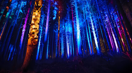 light play amidst the forest, featuring a blue tree and a brown tree